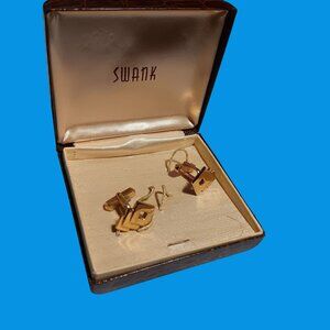 Vintage Swank Gold-Tone Cufflinks Set Original Brown Faux Leather Case